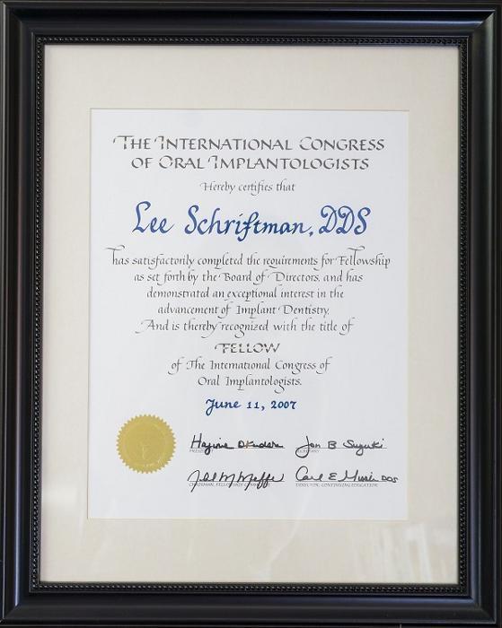 Oral Implantologists certificate for Philadelphia dentist Dr. Lee Schriftman